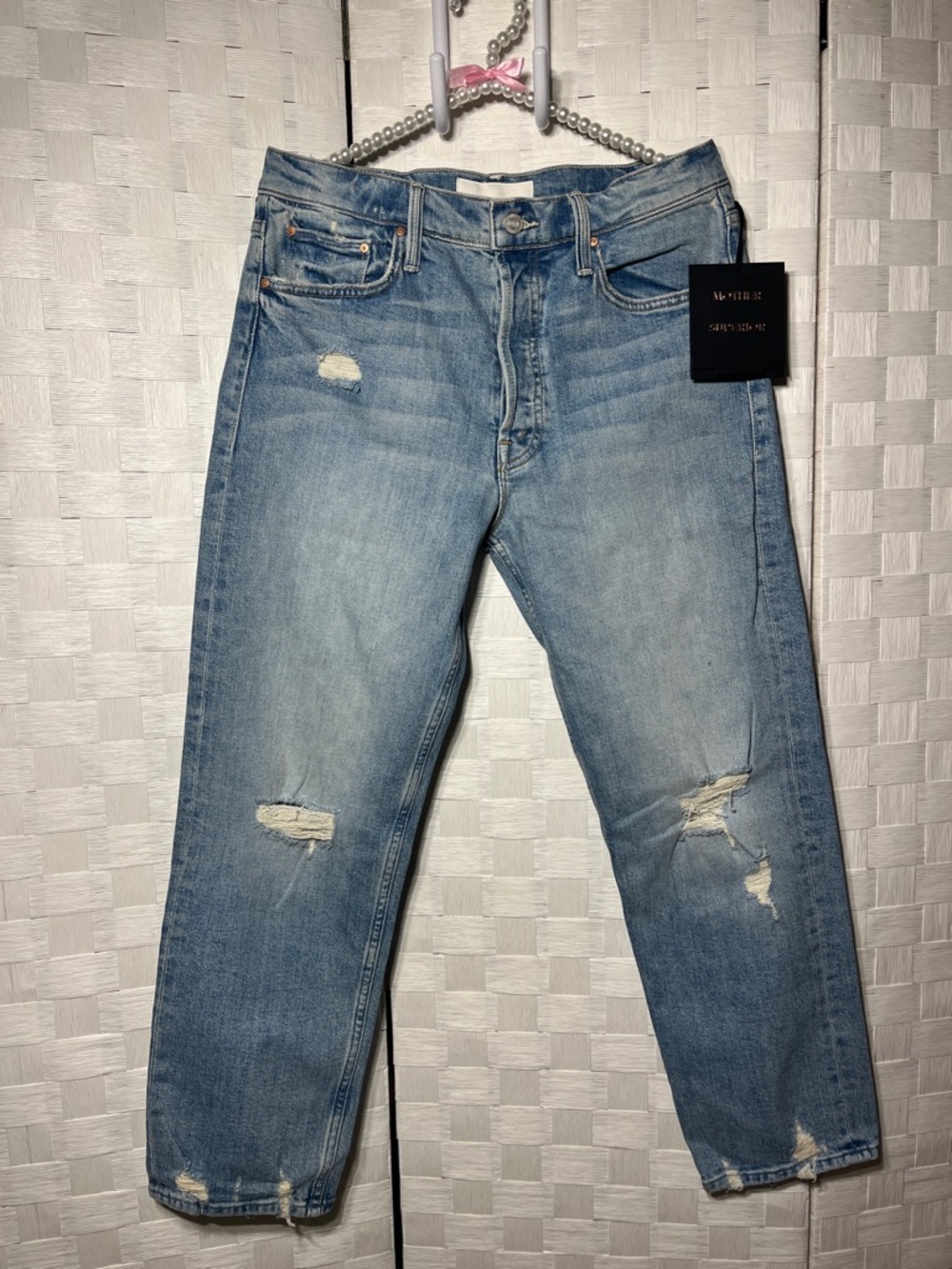 MOTHER Light Blue Distressed Straight Jeans Tom Cat Size 30